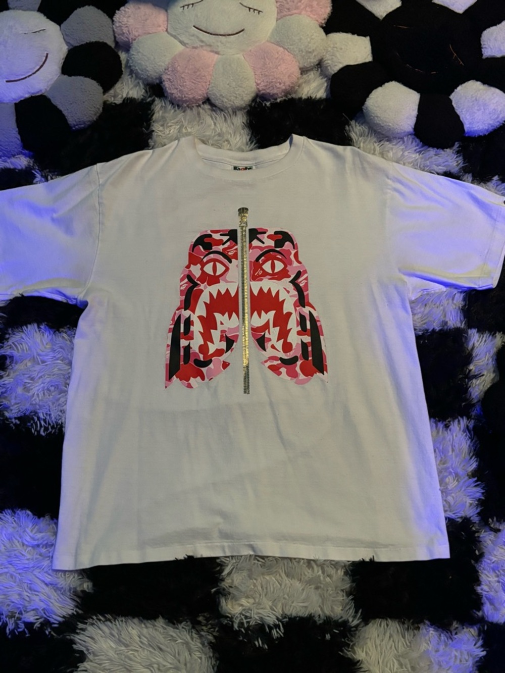 Bape White Tee with Red & Black Camo Shark Face